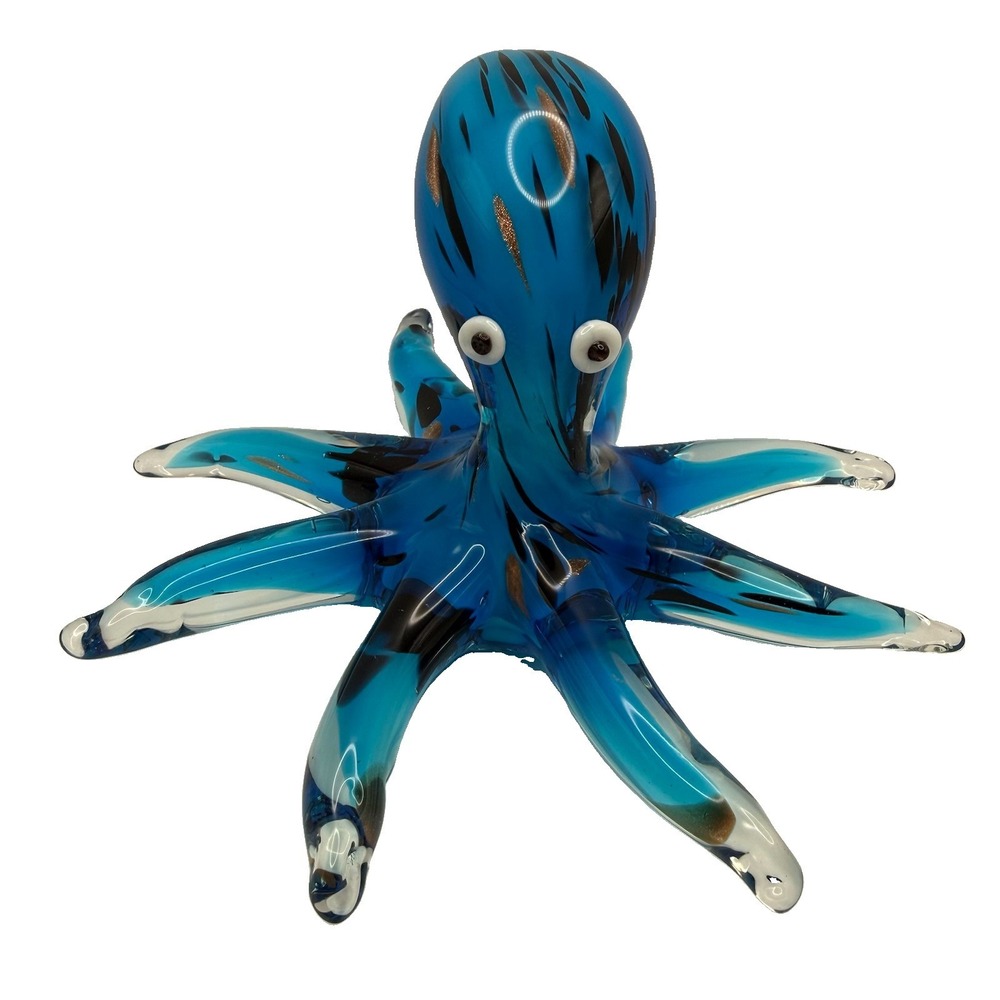 Blue Hand Blown Glass Octopus Paperweight Nautical Sea Life Art Sculpture